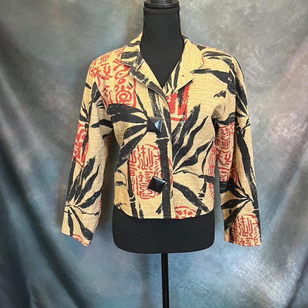 Painted Pony Abstract Print Jacket Mandarin‎ Collar Black Red Beige Size Small